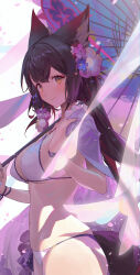 Rule 34 | 1girl, absurdres, airseal, animal ears, bikini, blue archive, blush, breasts, brown hair, falling petals, flower, fox ears, fox tail, hair flower, hair ornament, highres, holding, holding umbrella, large breasts, looking at viewer, looking to the side, navel, official alternate costume, oil-paper umbrella, petals, smile, solo, swimsuit, tail, thighhighs, umbrella, wakamo (blue archive), wakamo (swimsuit) (blue archive), white bikini