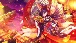 Rule 34 | 1girl, animal ears, architecture, black hair, blush, breasts, choker, cleavage, commentary, east asian architecture, eyeshadow, fingernails, floral print, flower knot, fox ears, fox mask, fox tail, game cg, hair ornament, hair stick, hand fan, idolmaster, idolmaster shiny colors, japanese clothes, kanzashi, kimono, kitsune, kyuubi, lantern, large breasts, long hair, looking at viewer, lying, makeup, mask, multiple tails, night, nihongami, no shoes, obi, obijime, off shoulder, official art, oil-paper umbrella, on side, one eye closed, outdoors, pagoda, paper lantern, purple sky, red eyeshadow, red lips, red nails, sash, sharp fingernails, shirase sakuya, single sock, sky, smile, socks, solo, tail, tassel, umbrella, very long hair, wide sleeves, yellow eyes