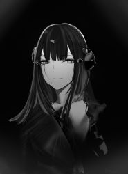 Rule 34 | 1girl, artist name, black background, black dress, black hair, closed mouth, collarbone, cracked skin, dated, dated commentary, dress, girls&#039; frontline, grey eyes, greyscale, hair ornament, hairclip, highres, himos, light smile, long hair, looking at viewer, monochrome, nyto (girls&#039; frontline), paradeus, simple background, solo, torn clothes, upper body