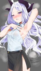 Rule 34 | 1girl, absurdres, ahoge, armpits, blue archive, blush, collared shirt, commentary, demon girl, demon horns, grey background, highres, hina (blue archive), horns, hot, long hair, looking at viewer, nyahpa20, parted bangs, parted lips, pencil skirt, ponytail, presenting armpit, purple eyes, shirt, side slit, sidelocks, simple background, skirt, sleeveless, sleeveless shirt, solo, sweat, v, visible air, white hair, white shirt