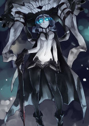 Rule 34 | 10s, 1girl, abe ranzu, abyssal ship, black gloves, blue eyes, bodysuit, contrapposto, fangs, gloves, glowing, glowing eyes, hat, kantai collection, looking at viewer, monster girl, silver hair, solo, standing, sword, tentacles, weapon, wo-class aircraft carrier