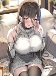 Rule 34 | 1girl, black choker, black thighhighs, blurry, blush, breasts, brown eyes, brown hair, choker, commentary request, couch, cup, depth of field, ear piercing, hair between eyes, highres, ice, ice cube, indoors, large breasts, long hair, looking at viewer, meme attire, necktie, open mouth, original, piercing, sitting, smile, sweater, thighhighs, tomoo (tomo), turtleneck, turtleneck sweater, very long hair, virgin killer sweater, white sweater, window
