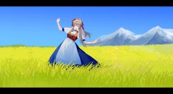 Rule 34 | 1girl, apron, breasts, clothing request, commentary request, dancing, day, dress, field, flower wreath, grass, grey hair, grin, hand up, happy, head scarf, head wreath, headdress, highres, horizon, leaning to the side, letterboxed, long hair, looking at viewer, meru02295238, mountain, nature, original, outdoors, outstretched arms, puffy short sleeves, puffy sleeves, red headwear, short sleeves, smile, solo, standing, waist apron