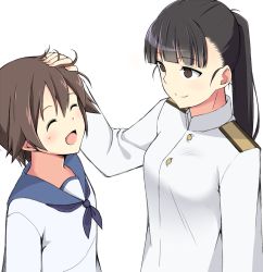 Rule 34 | 2girls, black hair, brown eyes, closed eyes, hand on another&#039;s head, headpat, military, military uniform, miyafuji yoshika, momiji7728, multiple girls, no eyepatch, open mouth, ponytail, sakamoto mio, simple background, smile, strike witches, uniform, world witches series