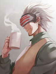 Rule 34 | 1boy, ace attorney, asutora, beard, closed mouth, coffee mug, cup, dress shirt, earrings, facial hair, from side, godot (ace attorney), goggles, green shirt, grey background, highres, holding, holding cup, jewelry, lips, long sleeves, male focus, mask, mug, necktie, phoenix wright: ace attorney - trials and tribulations, profile, shirt, simple background, smug, solo, spiked hair, steam, sweater vest, upper body, white hair, white necktie