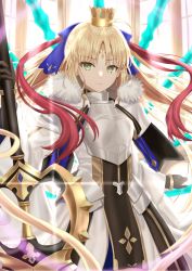 Rule 34 | 1girl, ahoge, armor, armored dress, artoria caster (fate), artoria caster (third ascension) (fate), artoria pendragon (fate), black gloves, blonde hair, blue ribbon, blush, breastplate, breasts, capelet, crown, dress, facial mark, fate/grand order, fate (series), faulds, forehead mark, fur-trimmed capelet, fur trim, gloves, green eyes, hair ribbon, highres, kazama (akki12), long hair, long sleeves, looking at viewer, marmyadose (fate), md5 mismatch, resolution mismatch, ribbon, small breasts, solo, source smaller, twintails, weapon, white capelet, white dress
