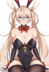 Rule 34 | 1girl, akatsuki ikki, animal ears, bare shoulders, black leotard, blonde hair, blue eyes, blush, bradamante (fate), bradamante (welcome bunny) (fate), braid, breasts, bridal gauntlets, cleavage, closed mouth, covered navel, crown braid, detached collar, fate/grand order, fate (series), highleg, highleg leotard, highres, large breasts, leotard, long hair, looking at viewer, rabbit ears, simple background, sitting, smile, solo, thighhighs, thighs, very long hair, white background