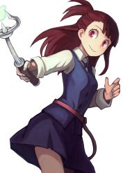 Rule 34 | 10s, 1girl, belt, blunt bangs, brown hair, kagari atsuko, little witch academia, long hair, peroncho, ponytail, red eyes, shirt, skirt, smile, solo, vest, wand, white background, witch