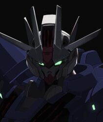 Rule 34 | black background, doodlebird14, glowing, glowing eyes, green eyes, gundam, gundam aerial rebuild, gundam suisei no majo, highres, looking at viewer, mecha, mobile suit, no humans, portrait, robot, science fiction, simple background, solo, v-fin