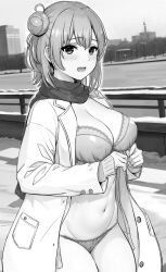 Rule 34 | 1girl, blush, bra, breasts, cardigan, cleavage, coat, exhibitionism, greyscale, hair bun, highres, inanaki shiki, large breasts, long sleeves, looking at viewer, monochrome, navel, open cardigan, open clothes, open coat, open mouth, outdoors, panties, public indecency, scarf, short hair, single hair bun, solo, underwear, white background, winter, winter clothes, yahari ore no seishun lovecome wa machigatteiru., yuigahama yui