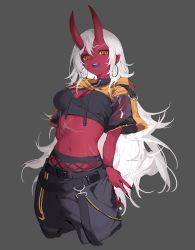 Rule 34 | 1girl, absurdres, akumi (yoclesh), arm behind back, black nails, black pants, breasts, cleavage, colored skin, fingernails, grey background, hair between eyes, highres, horns, long fingernails, long hair, looking at viewer, medium breasts, midriff, nail polish, navel, oni horns, open mouth, orange eyes, pants, pointy ears, red skin, scar, scar on face, scar on stomach, shisantian, short hair, simple background, solo, teeth, virtual youtuber, vyugen, white hair