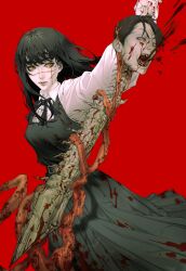 Rule 34 | 1boy, 1girl, black hair, black ribbon, blood, blood from mouth, blood splatter, chainsaw man, collared shirt, cross scar, decapitation, dress, fourth east high school uniform, guro, highres, holding, holding sword, holding weapon, kakuutis, long hair, looking at another, open mouth, pinafore dress, red background, red theme, ribbon, ringed eyes, scar, scar on face, school uniform, severed head, shirt, short hair, simple background, sleeveless dress, spine, sword, tanaka (chainsaw man), weapon, yellow eyes, yoru (chainsaw man)