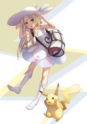 Rule 34 | 1girl, arms up, bag, blonde hair, blush, boots, braid, creatures (company), dress, duffel bag, game freak, gen 1 pokemon, geroro, green eyes, hat, highres, lillie (pokemon), looking at viewer, low twintails, nintendo, pikachu, pokemon, pokemon (creature), pokemon sm, side braid, sleeveless, sleeveless dress, smile, standing, sun hat, sundress, twin braids, twintails, white dress, white footwear, white hat