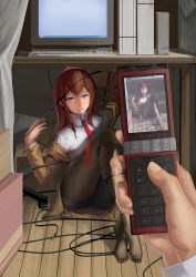 Rule 34 | 1girl, arm behind head, arm up, black pantyhose, blue eyes, blush, brown hair, cable, camera phone, caught, cellphone, cellphone photo, computer, entangled, highres, jacket, pantyhose under shorts, long hair, majicjiang, makise kurisu, monitor, necktie, open mouth, pantyhose, phone, photo (object), pov, recording, red necktie, shorts, steins;gate, toes, under table, windows xp, you&#039;re doing it wrong