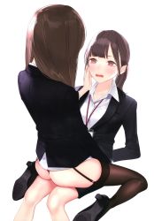 Rule 34 | 2girls, absurdres, ama mitsuki, arms behind back, ass, black legwear, blush, brown eyes, brown hair, business suit, caress, collared shirt, eye contact, formal, garter straps, hand on another&#039;s cheek, hand on another&#039;s face, high heels, highres, jacket, lanyard, looking at another, multiple girls, no pants, office lady, open mouth, original, pencil skirt, scan, shirt, shoe soles, sitting, sitting on lap, sitting on person, skirt, suit, tearing up, tears, thighhighs, white shirt, yuri