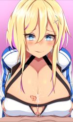 Rule 34 | + +, 1boy, 1girl, :p, azur lane, blonde hair, blue eyes, blush, breast tattoo, breasts, breasts squeezed together, cleavage, cleavage cutout, clothing cutout, coat, collarbone, commentary, cum, cum on body, cum on breasts, cum on upper body, english commentary, gyaru, hair between eyes, hair ornament, hairclip, halterneck, hetero, huge breasts, long sleeves, looking at viewer, marblehead (azur lane), mixed-language commentary, multicolored hair, nose blush, open clothes, open coat, paizuri, paizuri under clothes, pink hair, polar (admiral pola), pov, purple background, shiny skin, short hair with long locks, sidelocks, simple background, smile, solo focus, tan, tattoo, tongue, tongue out, two-tone hair, upper body, white coat