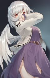 Rule 34 | 1girl, arm up, belt, breasts, brown belt, commentary request, cowboy shot, dress, feathered wings, grey background, grey jacket, highres, jacket, kishin sagume, looking at viewer, medium breasts, oborofu, open clothes, open jacket, purple dress, red eyes, short hair, silver hair, single wing, solo, standing, touhou, white wings, wings