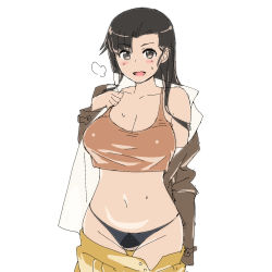 Rule 34 | 1girl, asymmetrical bangs, black panties, blush, bow, bow panties, breasts, brown eyes, brown hair, brown shirt, chi-hatan military uniform, clothes pull, crop top, girls und panzer, groin, highres, jacket, jacket pull, large breasts, long hair, long sleeves, looking at viewer, navel, nishi kinuyo, off shoulder, onsen tamago (hs egg), open clothes, open jacket, open mouth, open skirt, panties, pulling own clothes, shirt, simple background, sketch, skirt, skirt pull, smile, solo, standing, steam, sweat, tank top, underwear, undressing, white background