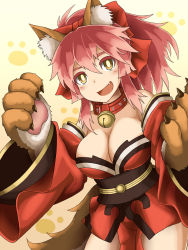 Rule 34 | 1girl, animal ears, bell, breasts, cleavage, collar, fang, fate/grand order, fate (series), fox ears, fox tail, hair ribbon, highres, japanese clothes, large breasts, long hair, looking at viewer, neck bell, open mouth, pink hair, ribbon, solo, tail, tamamo (fate), tamamo cat (fate), tamamo cat (first ascension) (fate), tamamo no mae (fate/extra), thighhighs, yellow eyes, yomura (yohann48)