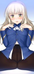 Rule 34 | 1girl, black pantyhose, blonde hair, blush, breasts, crotch seam, unworn eyewear, glasses, highres, long hair, medium breasts, military, no panties, pantyhose, perrine h. clostermann, solo, spread legs, strike witches, suzume inui, underwear, uniform, world witches series, yellow eyes