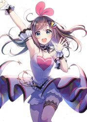 Rule 34 | 1girl, :d, adapted costume, arm up, armpits, black choker, blue eyes, blush, breasts, brown hair, choker, cleavage, commentary request, detached sleeves, frilled choker, frills, green eyes, hair ornament, hair ribbon, hairband, hand up, heart, highres, jewelry, kizuna ai, kizuna ai (anniversary), kizuna ai inc., long hair, medium breasts, morikura en, multicolored hair, neck ribbon, open mouth, outstretched arm, overskirt, pink hair, pink ribbon, ribbon, ring, round teeth, shirt, short shorts, short sleeves, shorts, simple background, smile, solo, star (symbol), strap, strapless, streaked hair, striped ribbon, swept bangs, teeth, thigh strap, triangle, upper teeth only, virtual youtuber, walking, waving, white background, white shirt, white shorts, wrist cuffs