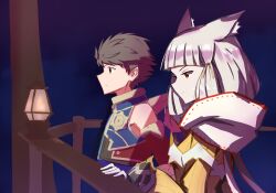 Rule 34 | 1boy, 1girl, absurdres, animal ears, bare shoulders, blue jacket, boat, bodysuit, brown eyes, brown hair, cat ears, cat girl, closed mouth, gloves, grey hair, highres, jacket, long sleeves, nia (xenoblade), night, night sky, outdoors, rex (xenoblade), short hair, sky, sleeveless, sleeveless jacket, spiked hair, tsukinaga, upper body, watercraft, white gloves, white hood, xenoblade chronicles (series), xenoblade chronicles 2, yellow bodysuit, yellow eyes