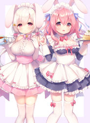Rule 34 | 2girls, :d, animal ears, apron, bare shoulders, black dress, breasts, center frills, cleavage, closed mouth, commentary request, cup, dress, elbow gloves, food, frilled apron, frilled skirt, frills, gloves, hair between eyes, hands up, highres, holding, holding tray, juliet sleeves, large breasts, long hair, long sleeves, low twintails, maid, maid day, maid headdress, multiple girls, open mouth, original, pancake, pancake stack, pink hair, pink skirt, pleated skirt, puffy sleeves, purple background, rabbit ears, red eyes, sakura (usashiro mani), saucer, shirt, skirt, sleeveless, sleeveless shirt, smile, thighhighs, tray, twintails, two-tone background, two side up, usashiro mani, very long hair, white apron, white background, white gloves, white hair, white legwear, white shirt