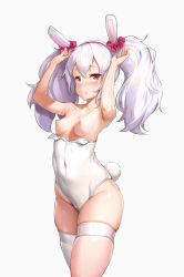 Rule 34 | 1girl, absurdres, animal ears, armpits, arms up, azur lane, blush, breasts, breasts out, cameltoe, chestnut mouth, collarbone, commentary request, covered navel, fake animal ears, hairband, highres, laffey (azur lane), leotard, long hair, looking at viewer, nipples, perky breasts, playboy bunny, puffy nipples, rabbit ears, rabbit tail, red eyes, red hairband, scrunchie, shuffle (songdatiankong), silver hair, simple background, skindentation, small breasts, solo, tail, thighhighs, twintails, white background, white thighhighs