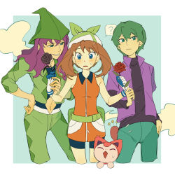 1girl 2boys ? bandana belt blue_eyes boy_sandwich brown_hair commentary creatures_(company) dress drew_(pokemon) fanny_pack flower game_freak gen_3_pokemon gloves grabbing_another&#039;s_hand green_bag green_bandana green_hair green_hat green_jacket green_pants hand_on_own_hip harley_(pokemon) hat highres holding holding_flower jacket kwastea long_hair looking_down may_(pokemon) multiple_boys nintendo open_clothes open_jacket orange_dress pants pokemon pokemon_(anime) pokemon_(creature) pokemon_dppt_(anime) pokemon_rse_(anime) purple_hair purple_shirt sandwiched shirt skitty smile spoken_question_mark sweat symbol-only_commentary undershirt white_belt white_gloves