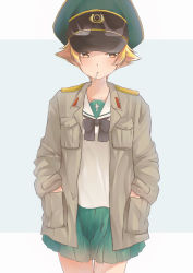Rule 34 | 1girl, absurdres, blouse, bow, commentary, erwin (girls und panzer), girls und panzer, goggles, goggles on headwear, half-closed eyes, hands in pockets, hat, highres, jacket, jimanaka (yukinosingun), long sleeves, looking at viewer, military hat, military jacket, mouth hold, neckerchief, ooarai school uniform, open clothes, open jacket, peaked cap, pleated skirt, pointy hair, school uniform, serafuku, shirt, short hair, skirt, solo, standing