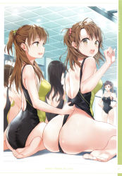 Rule 34 | 5girls, absurdres, artist name, ass, assisted exposure, bare legs, barefoot, black one-piece swimsuit, blurry, blush, breasts, brown eyes, brown hair, competition swimsuit, depth of field, feet, hair ornament, half updo, highres, indoors, long hair, medium breasts, multiple girls, non-web source, one-piece swimsuit, one side up, open mouth, original, scan, siblings, sisters, sitting, smile, soles, swimsuit, toes, vit-b, wariza, wedgie, yoo jina, yoo mina