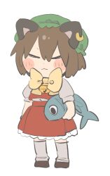 Rule 34 | 1girl, :3, animal, animal ears, bell, blush stickers, bow, bowtie, brown hair, cat ears, chen, chibi, citrus (place), closed eyes, earrings, fish, full body, hat, holding, holding animal, holding fish, jewelry, mob cap, neck bell, puffy short sleeves, puffy sleeves, red skirt, red vest, short sleeves, simple background, single earring, skirt, skirt set, solo, standing, touhou, vest, white background, yellow bow, yellow bowtie