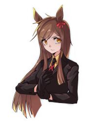Rule 34 | 1girl, adjusting clothes, adjusting gloves, animal ears, black gloves, black jacket, black necktie, breasts, brown hair, buena vista (umamusume), closed mouth, collared shirt, cropped torso, gloves, highres, horse ears, jacket, long hair, long sleeves, looking to the side, necktie, obushideian, orange eyes, shirt, simple background, small breasts, solo, umamusume, upper body, v-shaped eyebrows, white background, yellow shirt