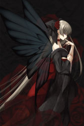 Rule 34 | 1girl, ayase hazuki, blue eyes, butterfly wings, dark, flower, insect wings, japanese clothes, kimono, original, ribbon, rose, silver hair, solo, wings
