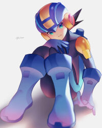 Rule 34 | 1boy, absurdres, blue bodysuit, blue footwear, blue headwear, blurry, blush, bodysuit, boots, brown hair, closed mouth, commentary request, covered collarbone, depth of field, full body, green eyes, helmet, highres, looking at viewer, male focus, mega man (series), mega man battle network (series), megaman.exe, netnavi, short hair, simple background, sitting, smile, solo, spiked hair, twitter username, white background, zero-go