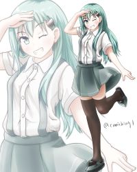 Rule 34 | alternate costume, aqua eyes, aqua hair, arm warmers, asashio (kancolle), asashio (kancolle) (cosplay), black thighhighs, blouse, breasts, clip studio paint (medium), collared shirt, comiching, cosplay, full body, grey skirt, hair between eyes, hair ornament, hairclip, kantai collection, long hair, medium breasts, one-hour drawing challenge, one eye closed, salute, shirt, shoes, short sleeves, sign, skirt, smile, standing, standing on one leg, suspender skirt, suspenders, suzuya (kancolle), thighhighs, twitter username, white background, white shirt, zoom layer