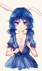 Rule 34 | 1girl, animal ears, blue dress, blue hair, braid, rabbit ears, burn scar, child, collarbone, dress, highres, long hair, looking at viewer, open clothes, open dress, open mouth, puffy short sleeves, puffy sleeves, red eyes, scar, seiran (touhou), short sleeves, solo, touhou, twin braids, uranaishi (miraura)
