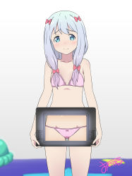 Rule 34 | 1girl, absurdres, aqua eyes, blurry, blurry background, blush, bow, bra, closed mouth, drawing tablet, eromanga sensei, hair bow, highres, holding, izumi sagiri, lace, lace-trimmed bra, lace trim, long hair, looking at viewer, low-tied long hair, panties, pink bow, pink bra, pink panties, shirihime, signature, silver hair, solo, stuffed animal, stuffed octopus, stuffed toy, underwear, underwear only