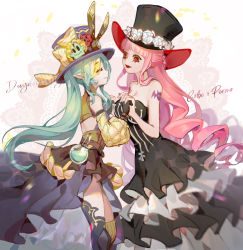 Rule 34 | blue hair, blunt bangs, breasts, cleavage, closed eyes, detached sleeves, dress, dywx poison, flower, frilled dress, frills, gloves, hat, hat flower, holding hands, lipstick, long hair, makeup, one piece, original, perona, pink hair, pointy ears, ponytail, shoulder tattoo, smile, tattoo, thighhighs