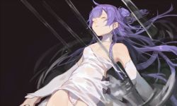 Rule 34 | 1girl, azur lane, bare shoulders, blunt bangs, breasts, cameltoe, closed eyes, closed mouth, detached sleeves, dress, hair bun, long hair, lying, on back, one side up, panties, partially submerged, purple hair, red cucumber, ripples, short dress, side bun, sidelocks, single side bun, small breasts, solo, underwear, unicorn (azur lane), white dress, white panties