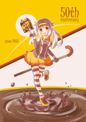 Rule 34 | 1girl, apron, bad id, bad pixiv id, black hair, blush, coffee, dee (fire2332), dress, drinking straw, elbow gloves, gloves, hairband, highres, juice box, long hair, multicolored hair, open mouth, patterned legwear, red eyes, shoes, skirt, smile, solo, striped clothes, striped thighhighs, thighhighs, two-tone hair, two-tone stripes, white hair, yellow skirt, yukico-tan, yukijirushi, zettai ryouiki