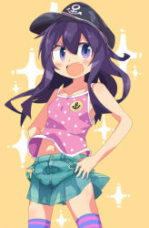 Rule 34 | 10s, 1girl, akatsuki (kancolle), bare shoulders, camisole, casual, fang, hat, kanikama, kantai collection, long hair, midriff, open mouth, purple eyes, purple hair, skirt, smile, solo, striped clothes, striped thighhighs, thighhighs, zettai ryouiki