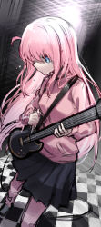Rule 34 | 1girl, absurdres, black skirt, blue eyes, bocchi the rock!, checkered floor, closed mouth, daifuku (tkja3555), electric guitar, floor, gibson les paul, gotoh hitori, guitar, highres, holding, holding instrument, instrument, jacket, jersey, long hair, music, pants, pants under skirt, pink hair, pink jacket, pink pants, plaid, plaid skirt, playing instrument, pleated skirt, skirt, solo, track jacket