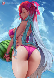 Rule 34 | 1girl, araneesama, artist name, ass, bare shoulders, bikini, blue hair, blue sky, blush, bracelet, breasts, cloud, cloudy sky, commentary, covered erect nipples, day, english commentary, fingernails, food, from behind, fruit, halterneck, highleg, highleg bikini, highres, holding, holding food, jewelry, large breasts, lips, long hair, looking at viewer, looking back, multicolored hair, ocean, outdoors, parted lips, purple bikini, red eyes, red hair, riela marcellis, senjou no valkyria, senjou no valkyria (series), senjou no valkyria 3, shiny clothes, shiny skin, simple background, sky, solo, string bikini, swimsuit, thighs, two-tone hair, water, watermelon