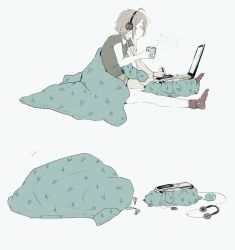 Rule 34 | 1girl, bad id, bad pixiv id, blanket, blush stickers, braid, brown hair, computer, cup, drawing tablet, green eyes, headphones, highres, laptop, left-handed, computer mouse, mug, original, pillow, sequential, shorts, sitting, socks, stylus, weyowang