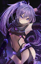 Rule 34 | 1girl, absurdres, arm up, artist name, black gloves, black scarf, black thighhighs, breasts, closed mouth, commentary request, contrapposto, covered navel, cowboy shot, detached sleeves, eyebrows hidden by hair, fingerless gloves, floating hair, gloves, glowing, hair between eyes, hair ornament, head tilt, highres, holding, long hair, looking at viewer, nekodayo22, ongeki, ponytail, purple hair, revealing clothes, scarf, skindentation, small breasts, smile, solo, standing, takase rio, thighhighs