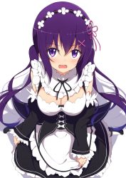 Rule 34 | 10s, 1girl, absurdres, apron, apron hold, black dress, black footwear, blurry, blush, breasts, cleavage, commentary request, cosplay, depth of field, detached sleeves, dress, frilled sleeves, frills, from above, gochuumon wa usagi desu ka?, hair between eyes, hair ornament, hairband, hairclip, highres, large breasts, long hair, looking at viewer, maid, mottsun (i 40y), neck ribbon, open mouth, purple eyes, purple hair, re:zero kara hajimeru isekai seikatsu, rem (re:zero), rem (re:zero) (cosplay), ribbon, shadow, shoes, sidelocks, sitting, skirt hold, solo, tedeza rize, twintails, very long hair, waist apron, wariza, wavy mouth, white apron, white background, white legwear, x hair ornament