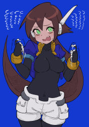 Rule 34 | 1girl, absurdres, afterimage, aile (mega man zx), black bodysuit, blue background, blue jacket, blush, bodysuit, bodysuit under clothes, breasts, brown hair, buzzlyears, clenched hands, commentary, covered collarbone, cowboy shot, cropped jacket, green eyes, highres, jacket, large breasts, long hair, looking at viewer, mega man (series), mega man zx, mega man zx advent, nervous sweating, open clothes, open jacket, ponytail, robot ears, short sleeves, shorts, simple background, solo, sweat, tears, teeth, upper body, white shorts