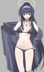 Rule 34 | 1girl, absurdres, bare legs, bikini, black bikini, black hair, blue archive, breasts, feet out of frame, grey background, grey jacket, guwall, hairband, halo, highres, jacket, jewelry, long hair, looking at viewer, official alternate costume, open mouth, pendant, purple eyes, purple hairband, simple background, small breasts, solo, swimsuit, ui (blue archive), ui (swimsuit) (blue archive), yellow halo