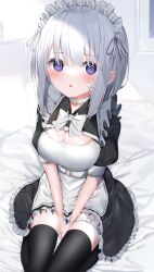 Rule 34 | 1girl, @ @, absurdres, apron, bandaid, bandaid on cheek, bandaid on face, bed, between legs, black dress, black thighhighs, blush, bow, breasts, cleavage, cleavage cutout, clothing cutout, collared dress, dress, frilled dress, frills, grey hair, hair between eyes, hand between legs, highres, looking at viewer, maid, maid headdress, medium breasts, neku (neku draw), on bed, original, pillow, puffy short sleeves, puffy sleeves, purple eyes, seiza, short sleeves, sitting, solo, thighhighs, white apron, white bow